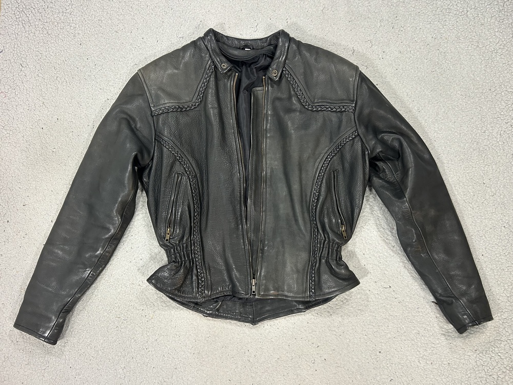Leather Motorcycle Jacket Womens Medium Black Braided Trim Biker Zip Pockets